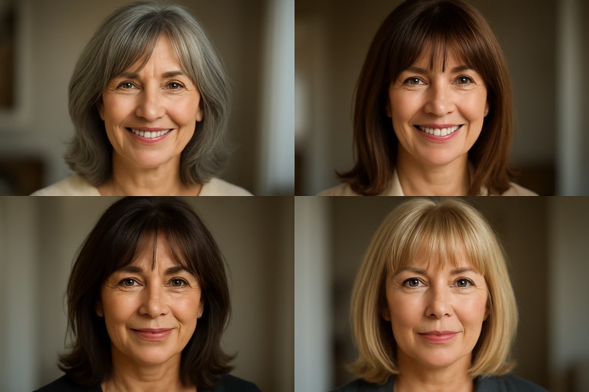 Quatro mulheres maduras sorrindo em diferentes retratos