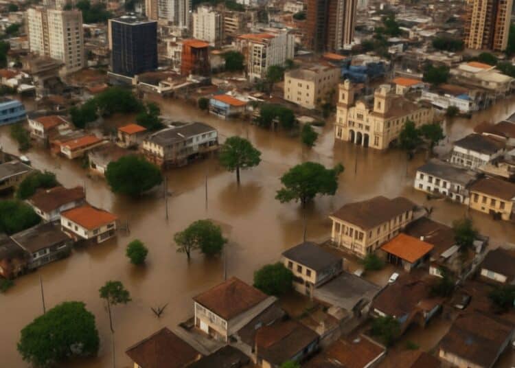 Vista aérea de uma cidade alagada após enchente.