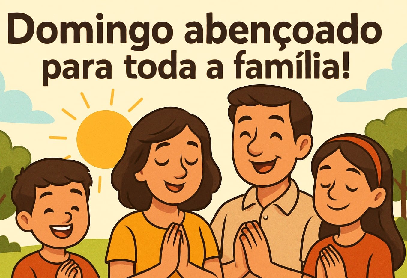 Família orando em um parque ao amanhecer com a mensagem 'Domingo abençoado para toda a família!'.