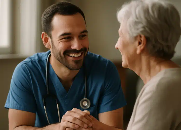 Enfermeiro sorridente atende idosa, refletindo que enfermeiros agora podem receitar antibióticos.