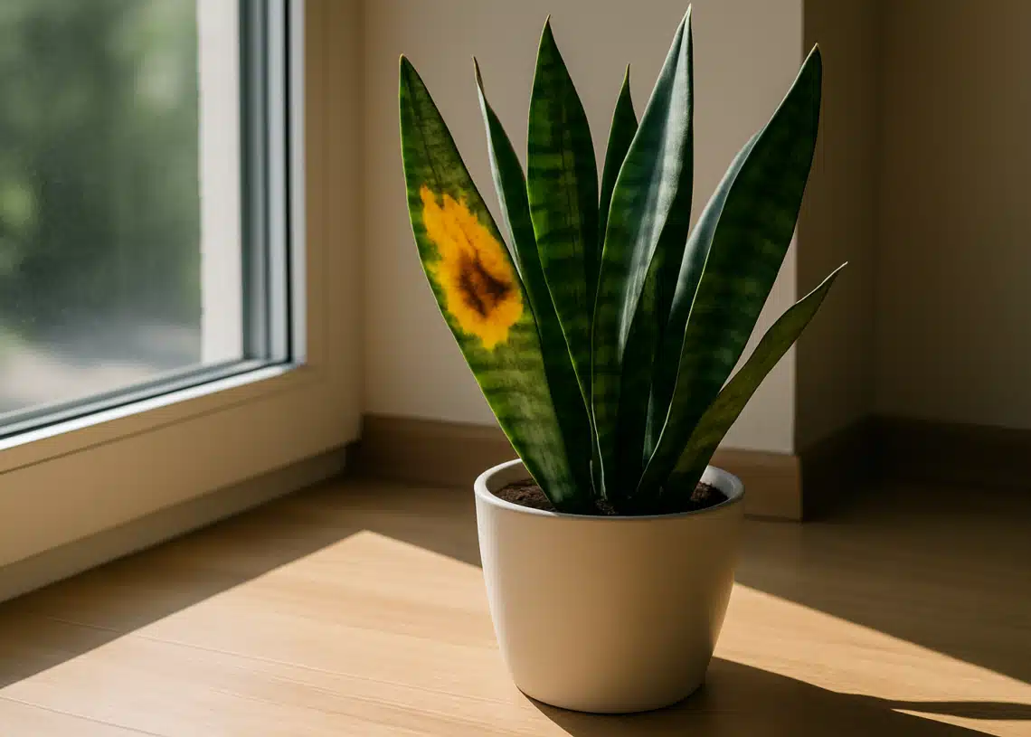 Espada-de-são-jorge com queimadura solar na folha