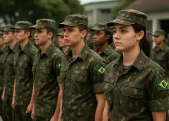 Jovens soldados brasileiros perfilados em uniforme militar.