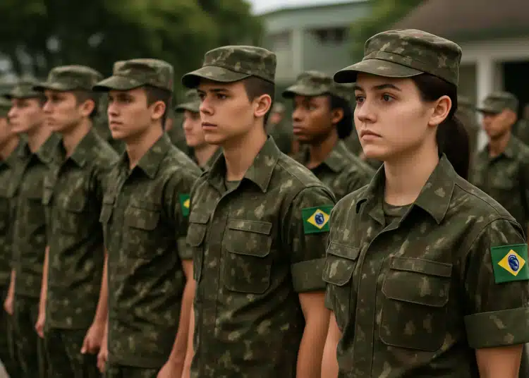 Jovens soldados brasileiros perfilados em uniforme militar.