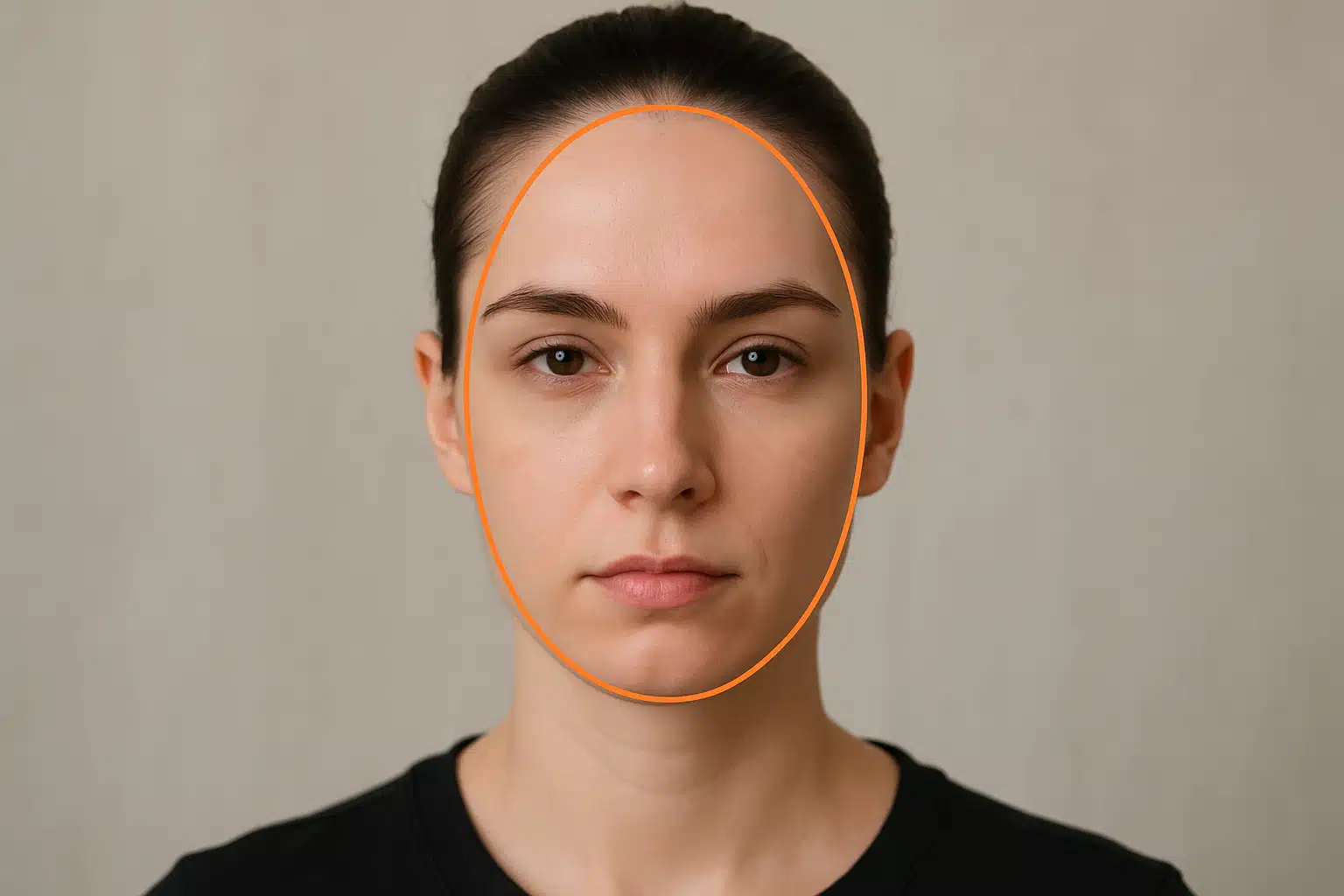 Rosto feminino com contorno oval destacado.