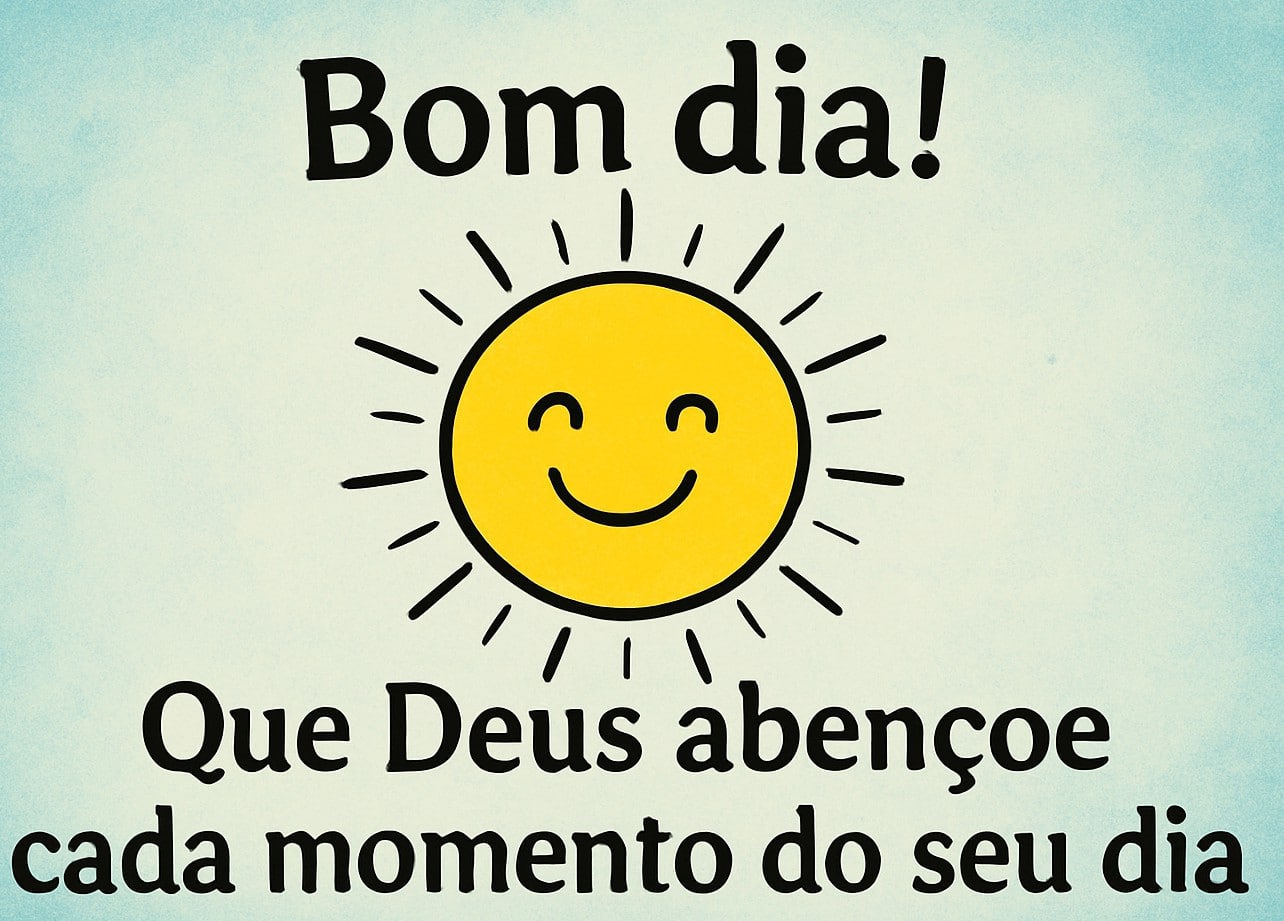 Ilustração de sol sorridente com frase de bom dia e mensagem de bênção.