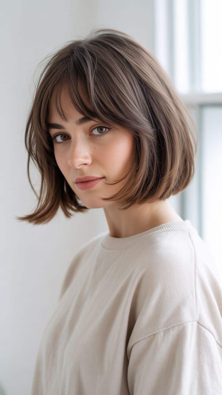 Close do rosto de uma modelo com cabelo castanho escuro curto, cortado no estilo French Bob na altura da mandíbula, com franja reta e pontas levemente texturizadas.