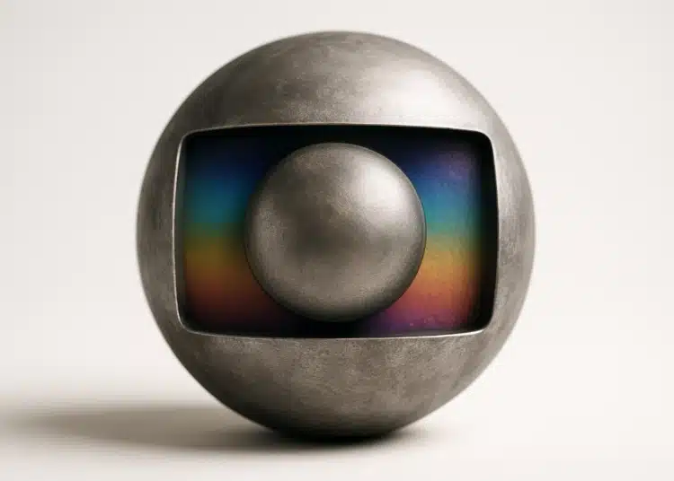 Logo em metal estilizado da Globo, símbolo do anúncio de novelas que irão reprisar em 2026.