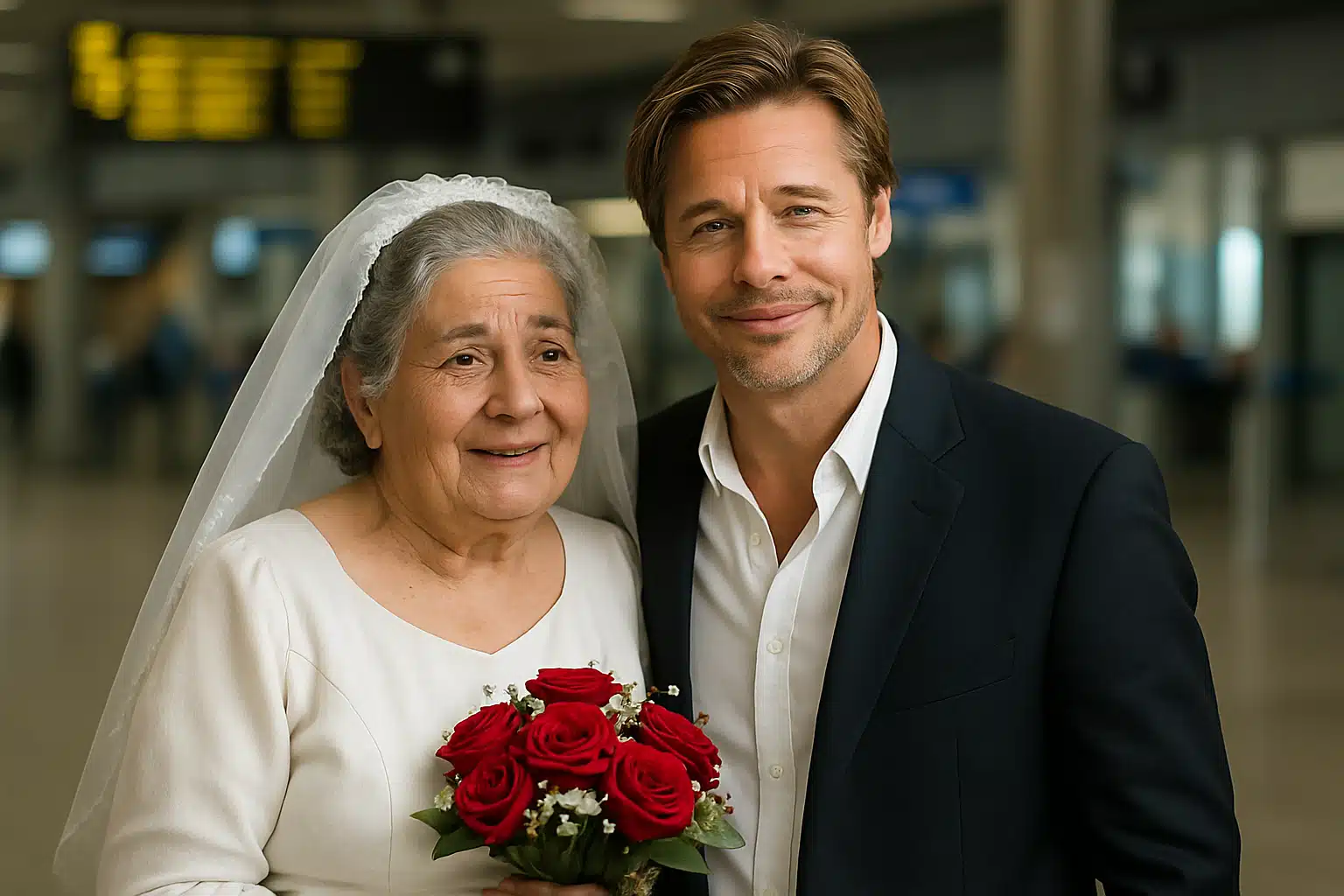 Mulher idosa vestida de noiva com véu e buquê de rosas vermelhas, ao lado de um homem representando Brad Pitt vestindo paletó escuro.