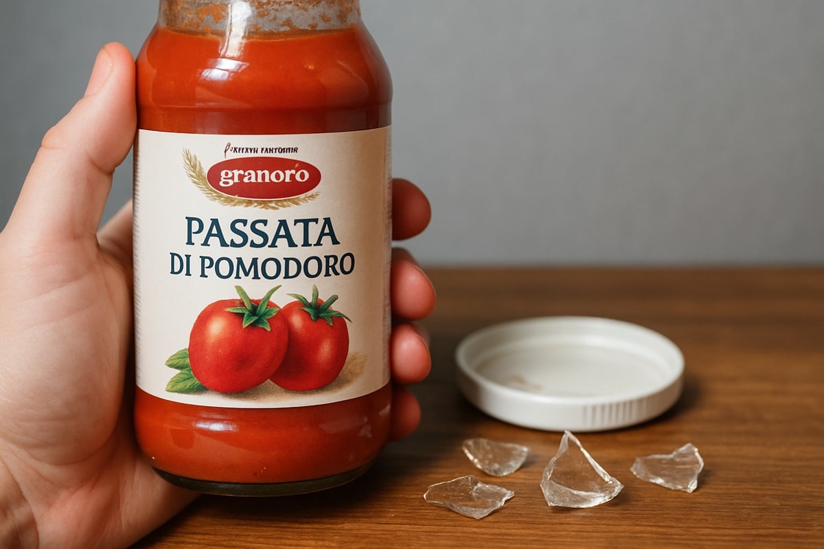 Mão segurando um pote de passata de tomate com tampa ao lado e cacos de vidro sobre a mesa