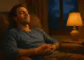 Homem relaxando em poltrona ao lado de abajur aceso à noite
