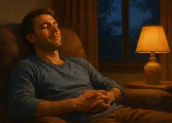 Homem relaxando em poltrona ao lado de abajur aceso à noite