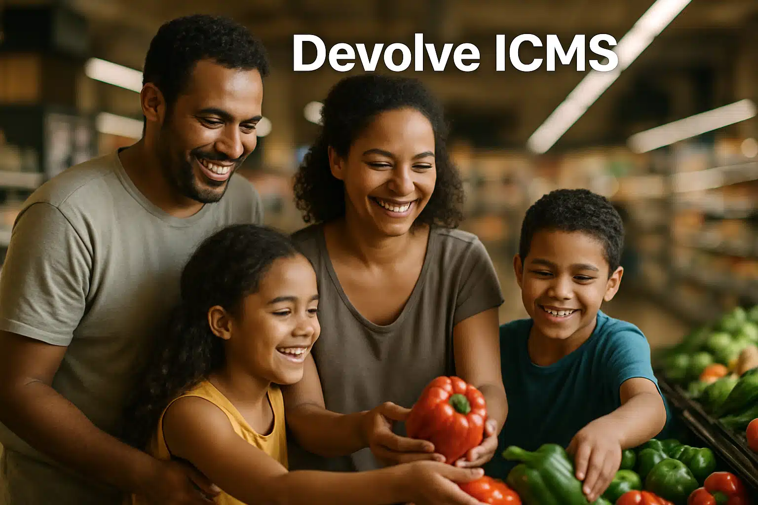Família sorrindo enquanto escolhe pimentões em supermercado com texto 'Devolve ICMS'.