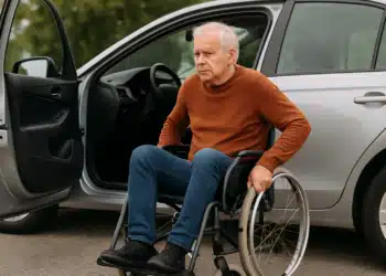 Idoso em cadeira de rodas ao lado de carro.