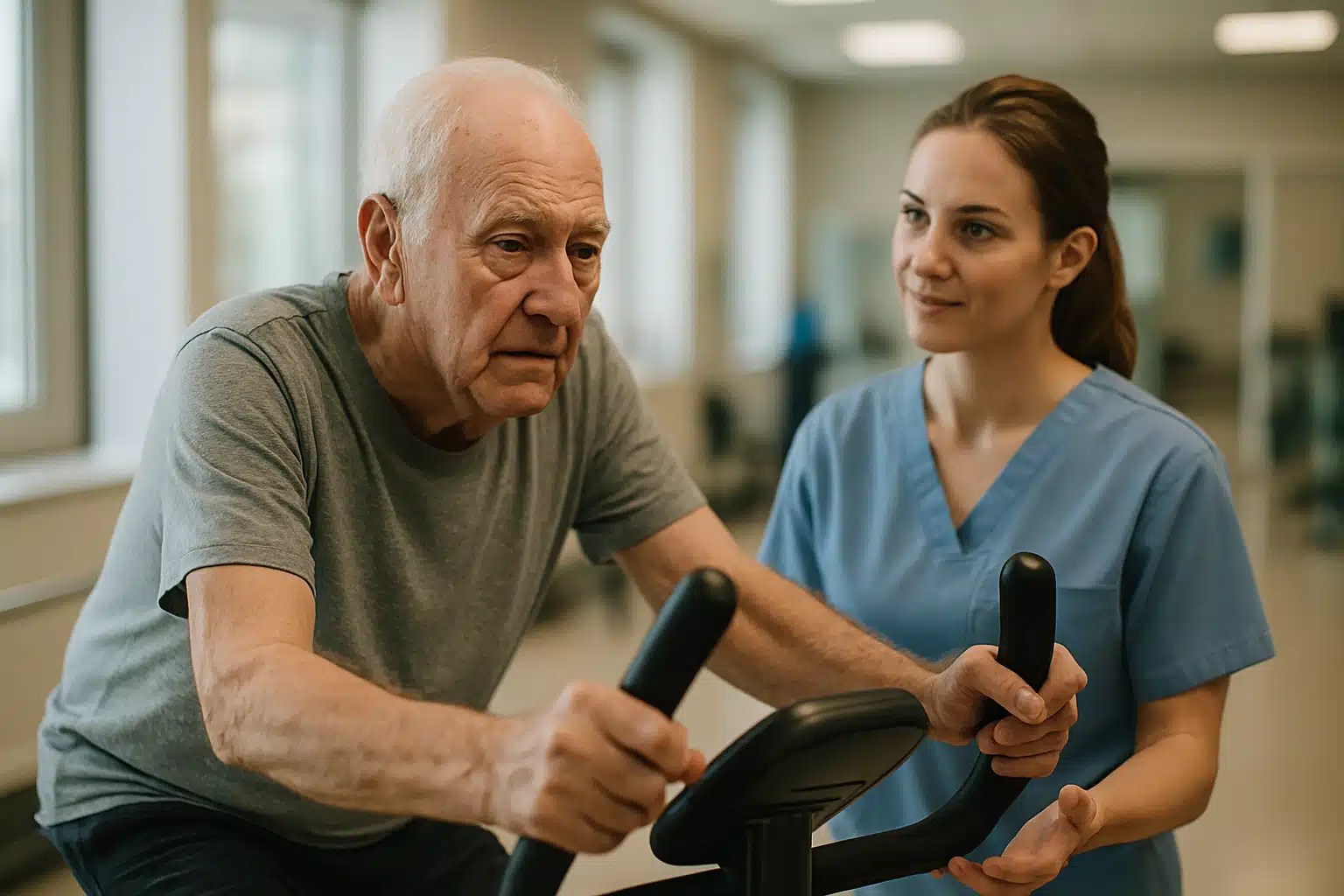 Idoso faz exercício com orientação para prevenir dores no joelho.
