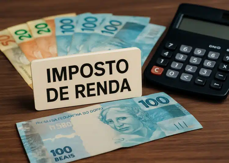 Dinheiro, calculadora e placa de Imposto de Renda sobre a mesa.