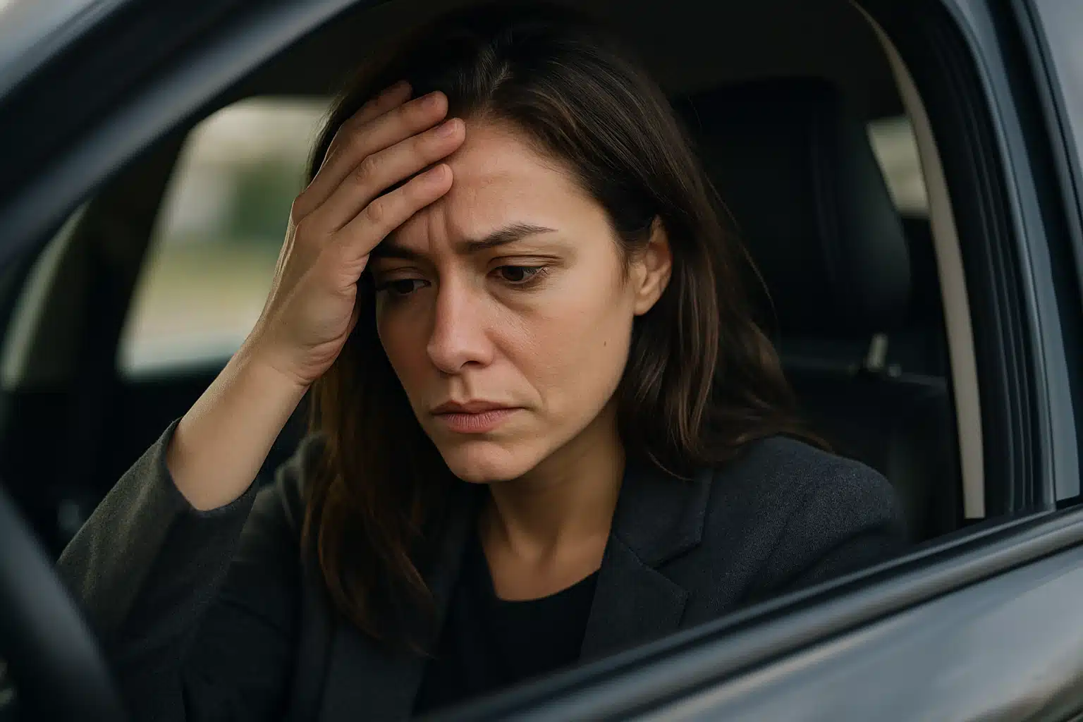 Mulher preocupada dentro do carro, refletindo consequências de não pagar o IPVA.