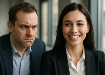 Homem com expressão de ciúme ao lado de mulher sorrindo