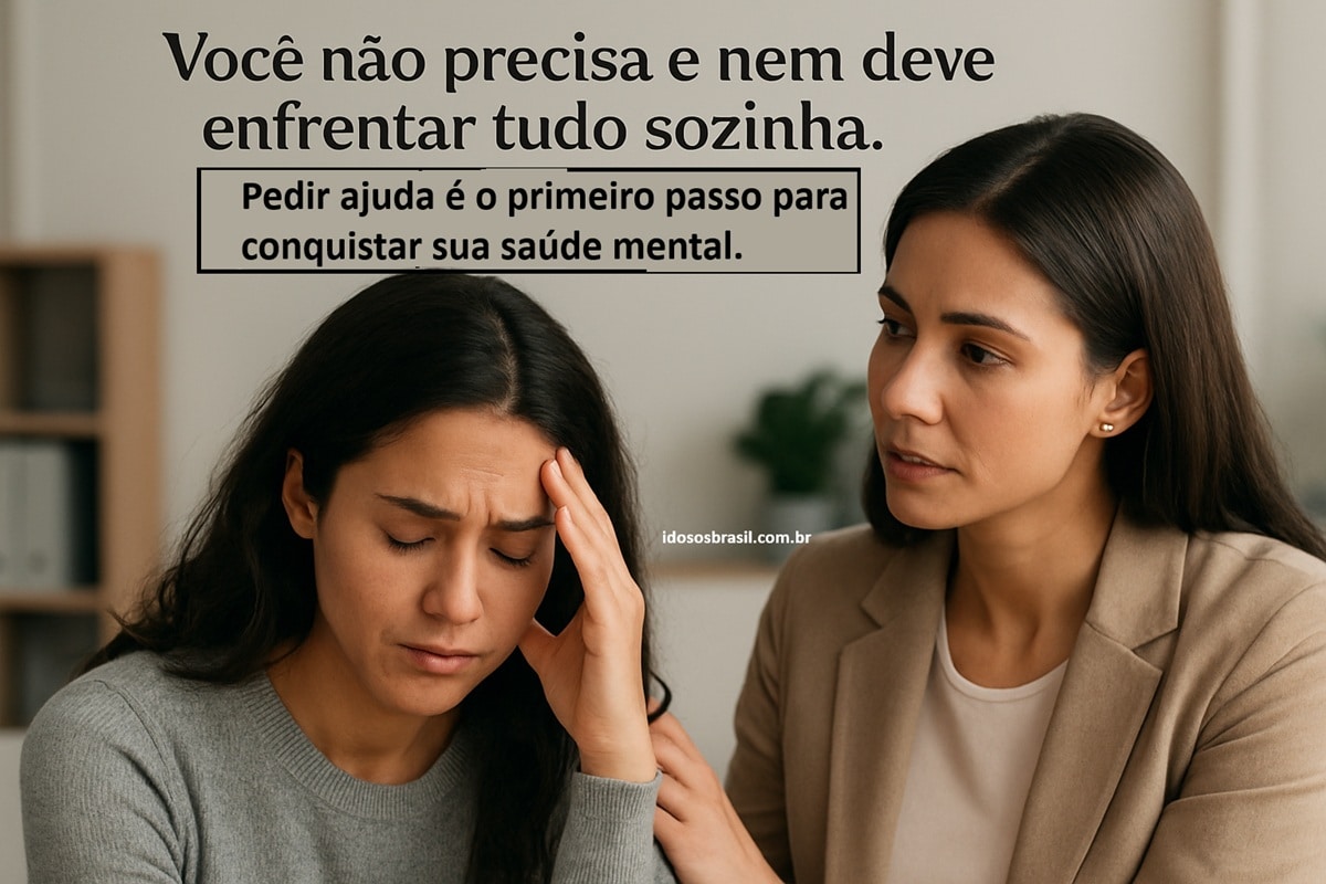 Mulher consolando outra mulher triste, com texto sobre pedir ajuda para saúde mental