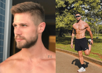 Jonas Sulzbach: à esquerda, um close de seu rosto; à direita, ele aparece de corpo inteiro praticando exercícios em um parque, vestindo bermuda esportiva e óculos escuros.