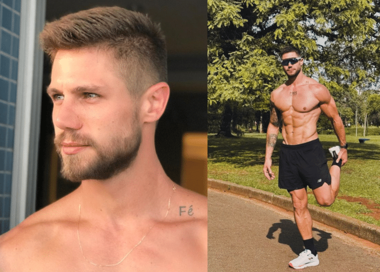 Jonas Sulzbach: à esquerda, um close de seu rosto; à direita, ele aparece de corpo inteiro praticando exercícios em um parque, vestindo bermuda esportiva e óculos escuros.