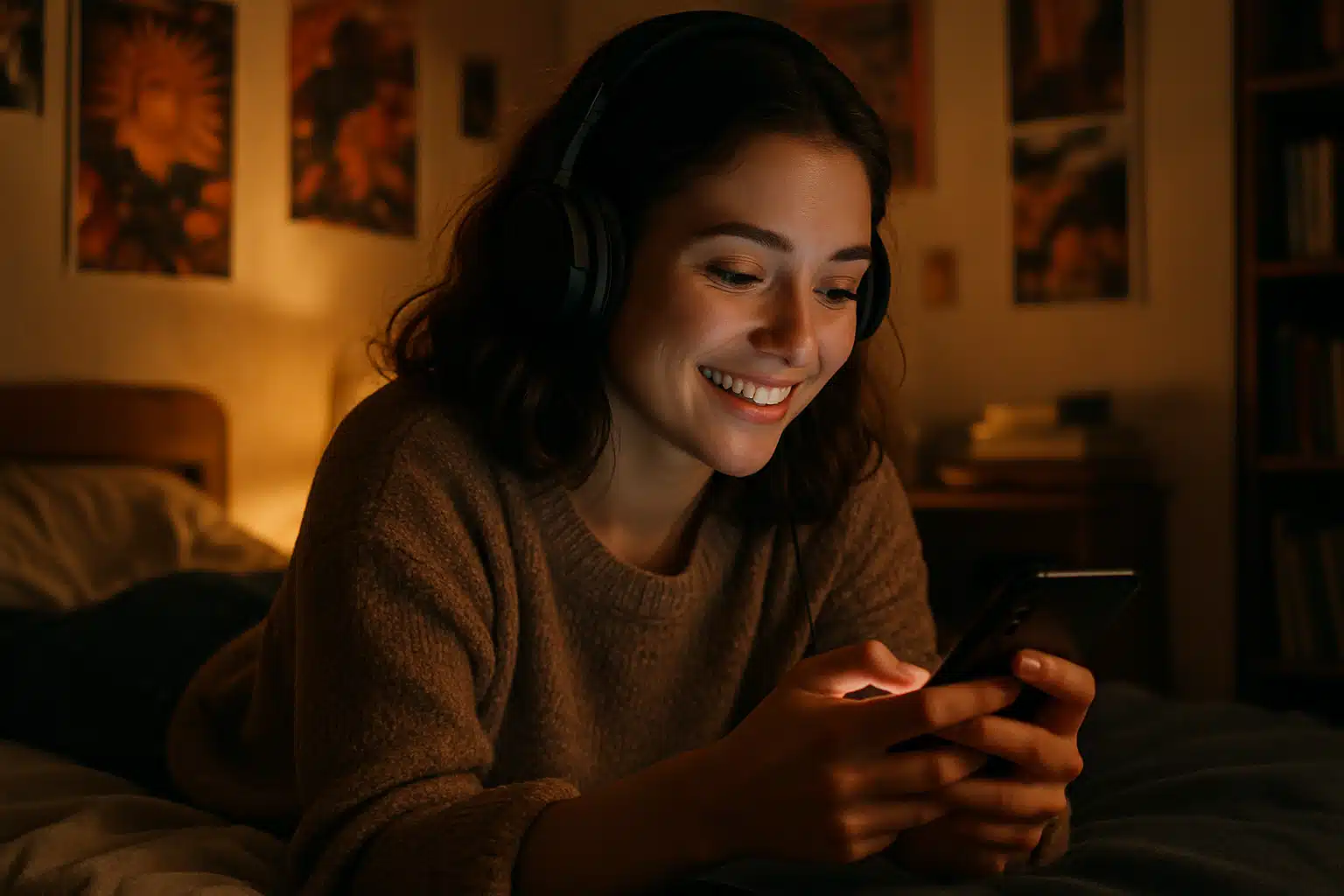 Mulher jovem sorrindo enquanto usa fones de ouvido e segura um celular deitada na cama.