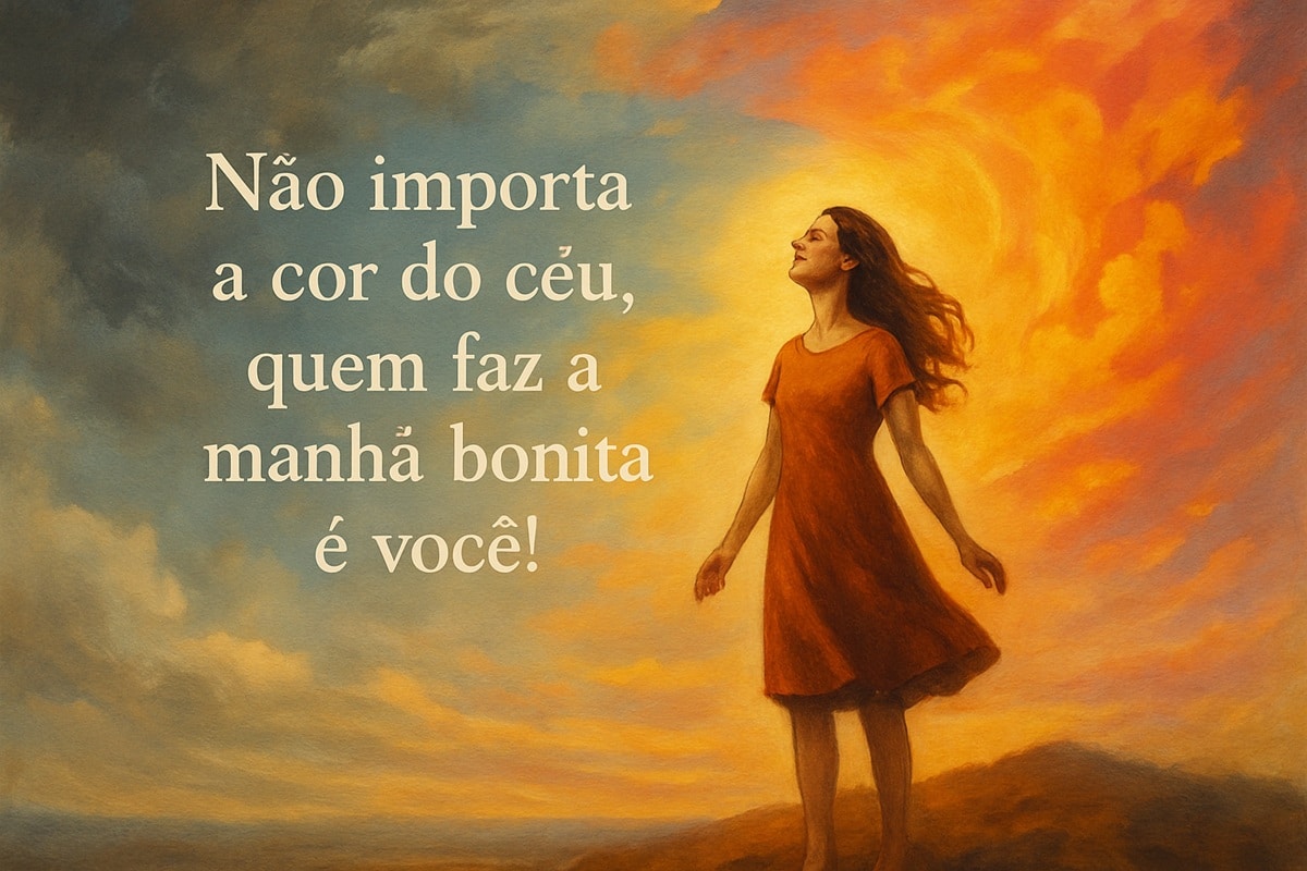 Mulher de vestido laranja apreciando o nascer do sol com frase motivacional sobre o céu