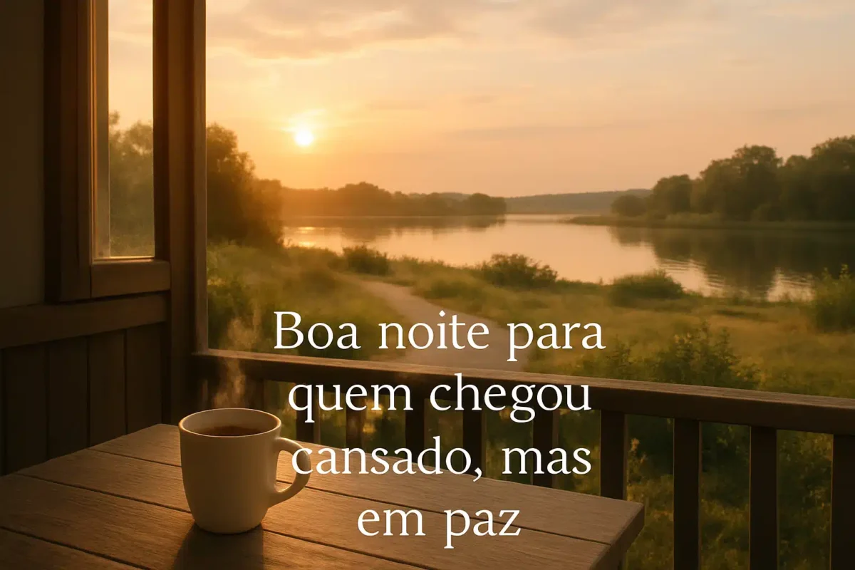 Xícara de café em mesa de madeira com vista para um lago ao entardecer e frase de boa noite