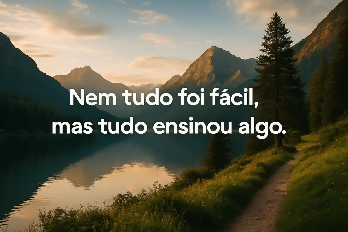 Paisagem de montanhas ao entardecer com lago e frase motivacional