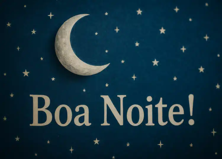 Boa Noite escrito em fundo azul com lua e estrelas.