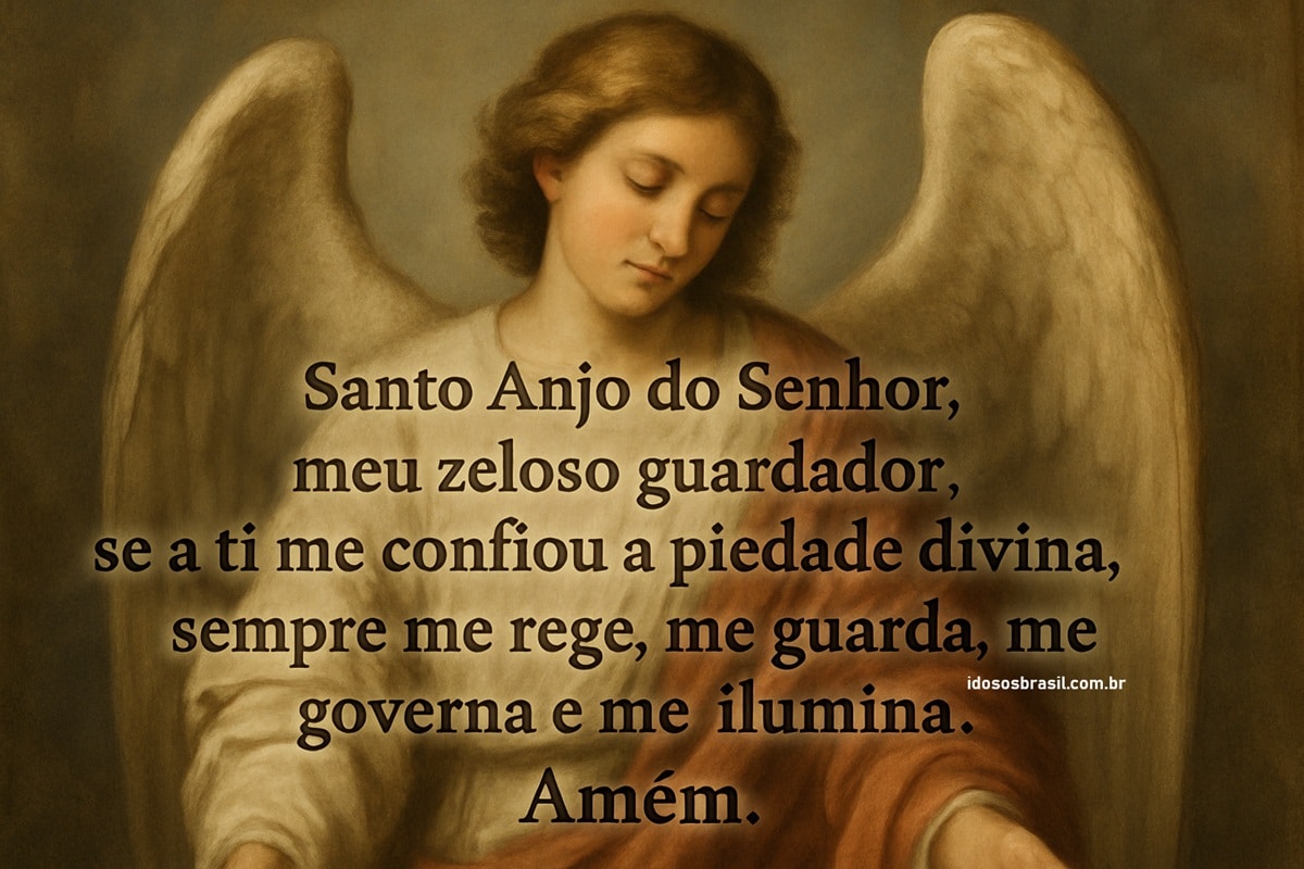 Imagem de um anjo com oração do Santo Anjo do Senhor sobreposta