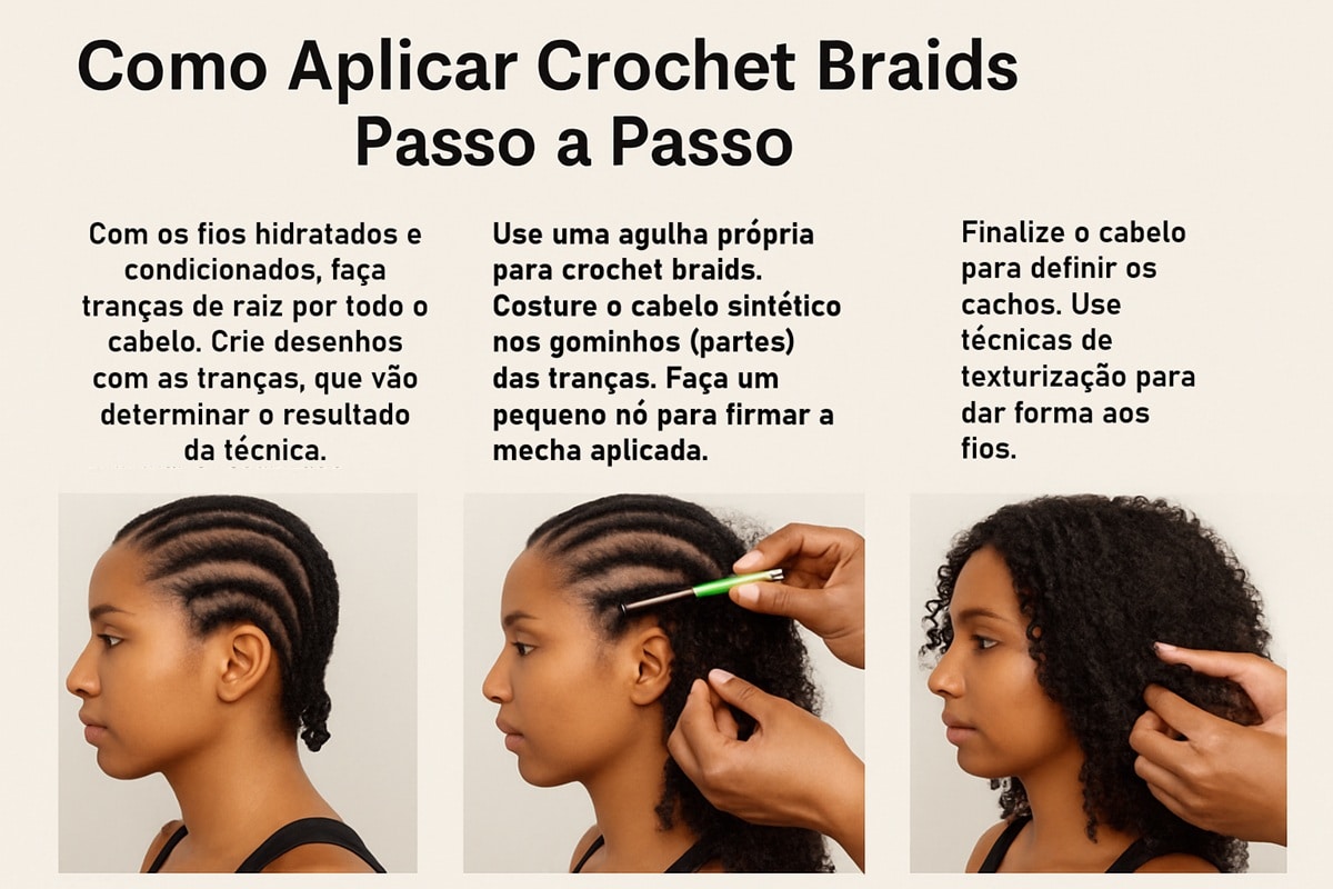 Passo a passo de como aplicar crochet braids em cabelos crespos, incluindo preparação, aplicação e finalização