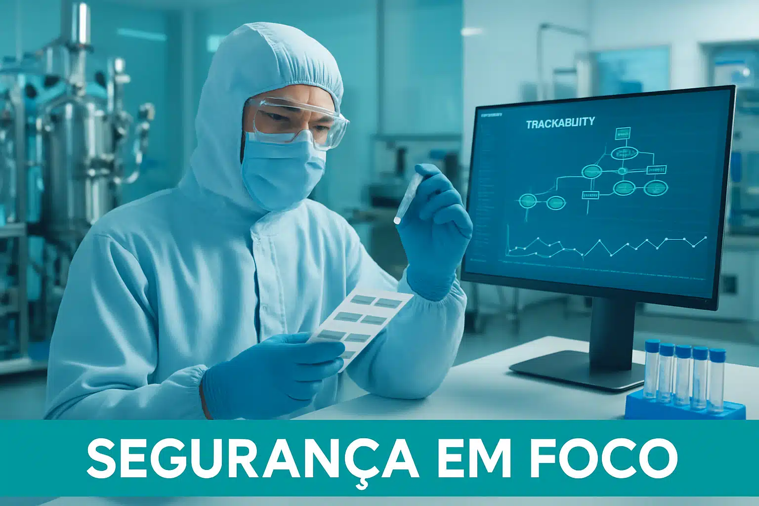 Pesquisador em laboratório com roupa de proteção analisando dados