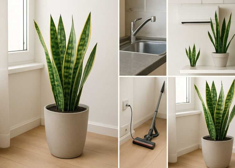 Composição de fotos mostrando planta espada-de-São-Jorge em diferentes ambientes de casa