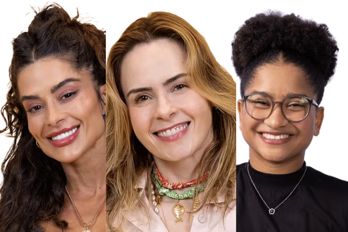 Montagem com três fotos de rosto de mulheres sorridentes com diferentes perfis: a primeira à esquerda tem cabelos escuros e cacheados; a central tem cabelos claros e ondulados com colares de miçangas; a à direita usa óculos e tem o cabelo preso em um coque alto.