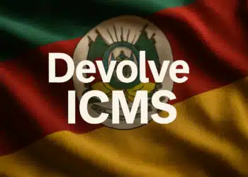 Bandeira do Rio Grande do Sul ao fundo com o texto Devolve ICMS centralizado.