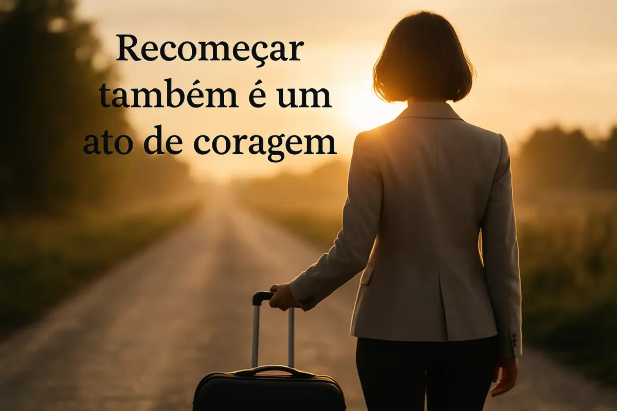 Pessoa de costas com mala caminhando em uma estrada ao pôr do sol, com a frase 'Recomeçar também é um ato de coragem'