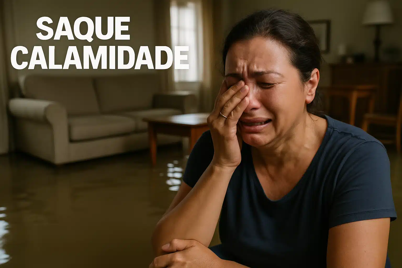Mulher chorando em casa alagada com texto 'Saque Calamidade'.