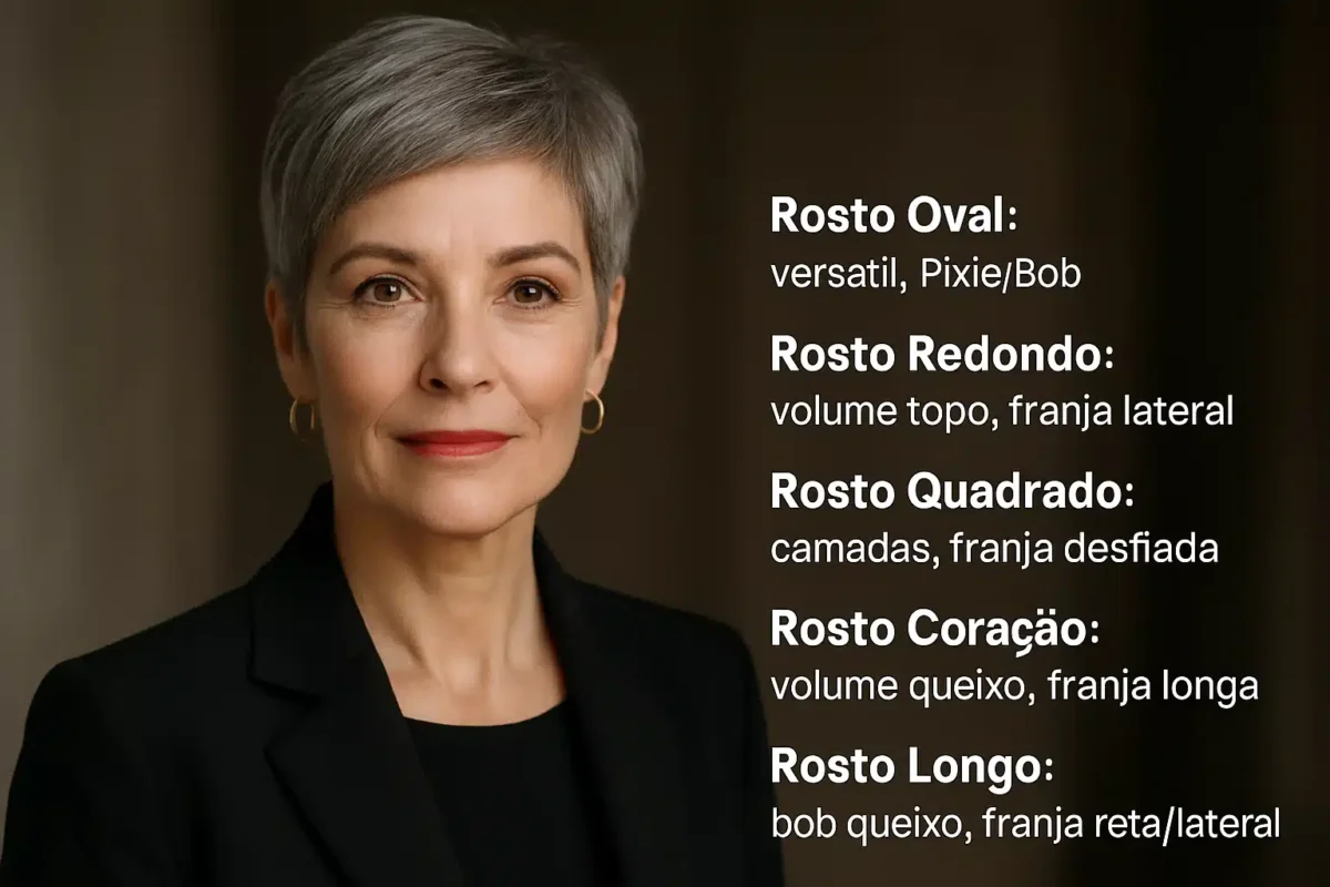 Mulher madura de cabelos curtos grisalhos ao lado de dicas de cortes para tipos de rosto