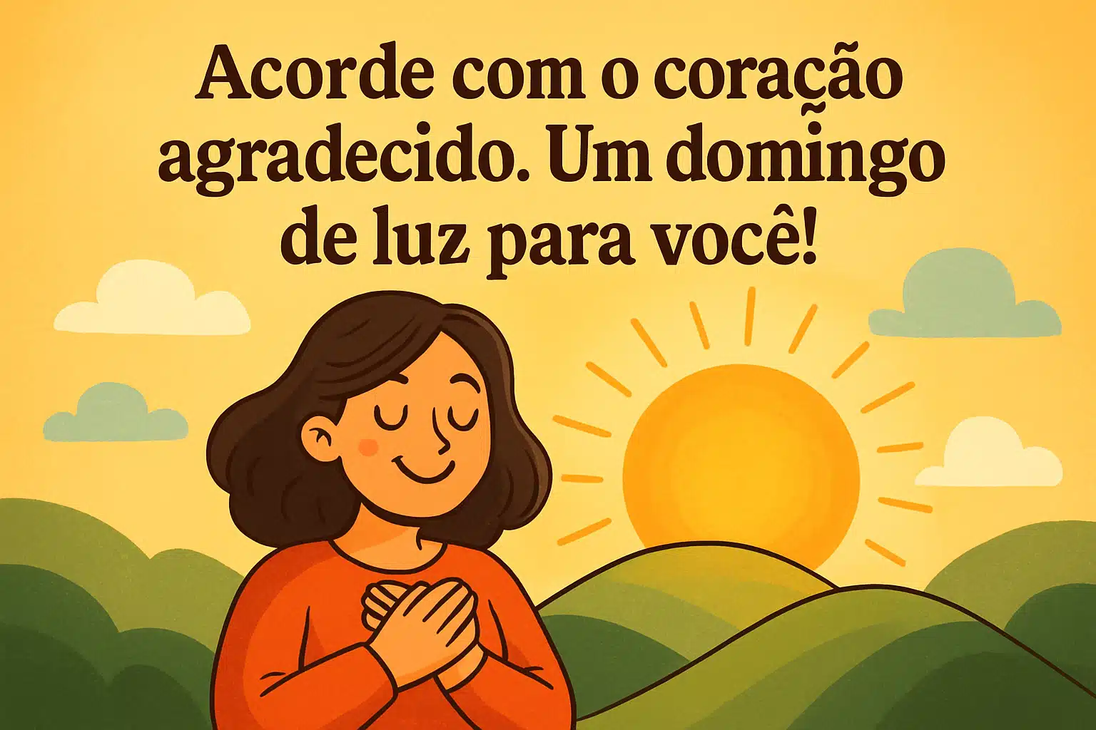 Ilustração de mulher sorrindo com as mãos sobre o peito diante de um nascer do sol, com a frase: Acorde com o coração agradecido. Um domingo de luz para você!