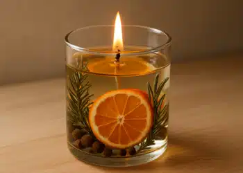 Vela aromática artesanal em copo de vidro com fatia de laranja, alecrim e especiarias