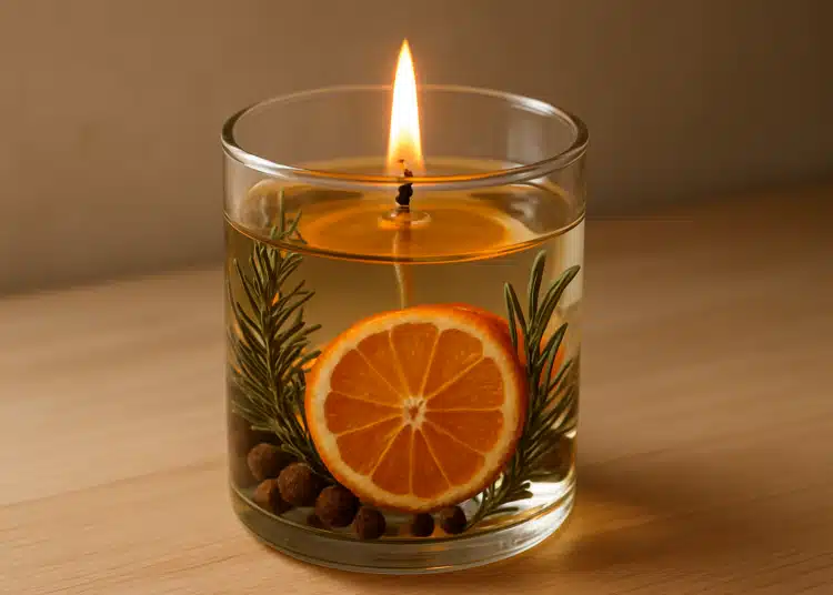 Vela aromática artesanal em copo de vidro com fatia de laranja, alecrim e especiarias
