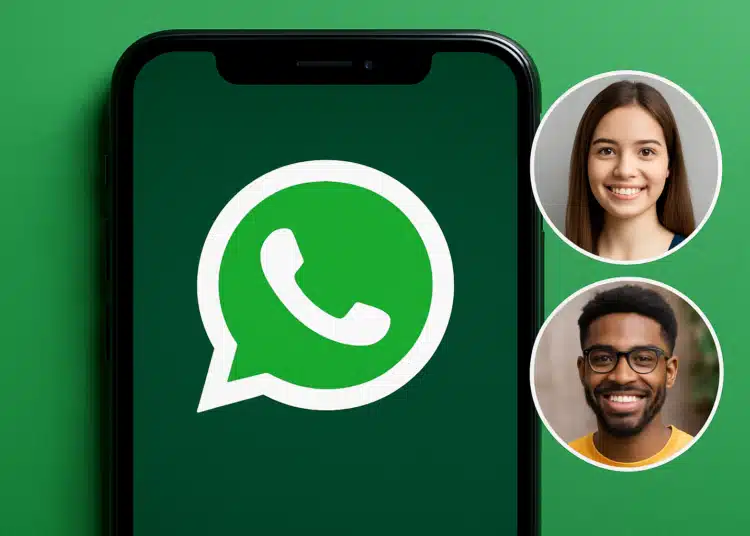 Tela de celular com logo do WhatsApp e fotos de duas pessoas