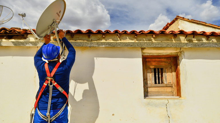 Técnico da caravana Brasil Antenado instalando antena parabólica digital gratuita em residência, garantindo acesso à TV aberta e inclusão digital para famílias cadastradas no CadÚnico