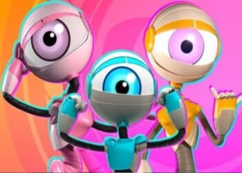 Ilustração em 3D de três mascotes do Big Brother Brasil (RoBBs) nas cores rosa, azul e dourado, posando alegremente à frente de um fundo vibrante com círculos concêntricos em tons de rosa e laranja.