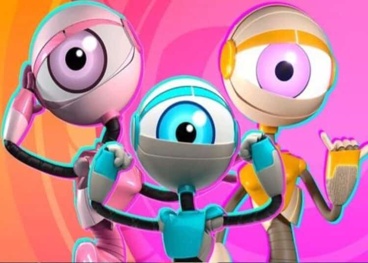 Ilustração em 3D de três mascotes do Big Brother Brasil (RoBBs) nas cores rosa, azul e dourado, posando alegremente à frente de um fundo vibrante com círculos concêntricos em tons de rosa e laranja.
