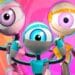 Ilustração em 3D de três mascotes do Big Brother Brasil (RoBBs) nas cores rosa, azul e dourado, posando alegremente à frente de um fundo vibrante com círculos concêntricos em tons de rosa e laranja.