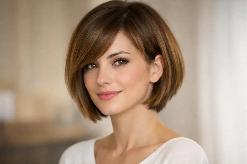 Mulher com corte bob e franja lateral, criando um visual suave e equilibrado.