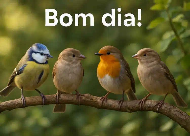Quatro passarinhos em um galho com a frase 'Bom dia!' no topo
