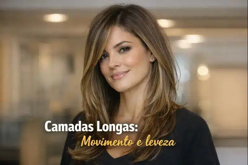 Mulher com cabelo longo em camadas, com movimento e leveza, criando um visual natural e sofisticado.