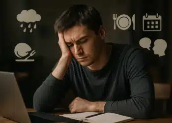 Homem pensativo com ícones de rotina, alimentação e conversa ao redor, indicando preocupação.